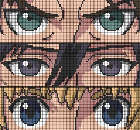 Anime Pattern, Attack On Titan Pixel Art, Cool Alpha Patterns, Anime Crochet Graph, Cross Stitch Anime, Demon Slayer Pixel Art, Pixelart Anime, Crochet Graph Patterns Anime, Anime Pixel Art Grid