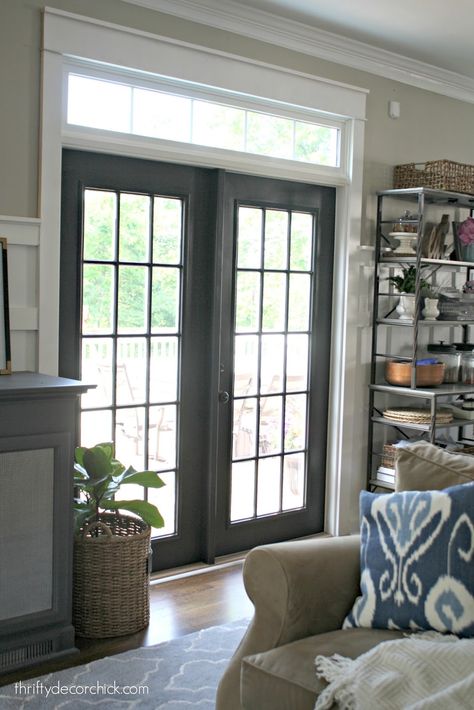 black french doors with transom Black French Doors Interior, Mullion Windows, Painted French Doors, French Doors With Transom, French Doors Living Room, French Door Interior, Black French Doors, Sliding Doors Exterior, Sliding French Doors