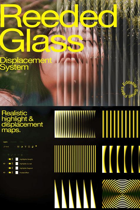 Reeded Glass Displacement System Glass Effect Graphic Design, Reflection Graphic Design, Glass Effect Photoshop, Glass Graphic Design, Glass Photoshop, Paper Texture Pack, Displacement Map, Arrows Graphic, Reeded Glass