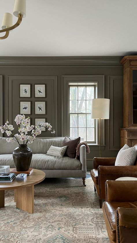 Jean Stoffer on Instagram: “We made six spaces one glorious room at the Woodward house. Big effort? Yes. Worth it? Oh yes.” Wall Paneling In Living Room, Cotswold Living Room, Simple Moody Living Room, Muted Green Living Room, Jean Stoffer Living Room, Snug Decor, Taupe Walls Living Room, Victorian Home Living Room, Small Traditional Living Room