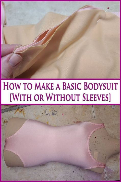 A pink bodysuit on a work surface. Overlaid text says how to make a basic bodysuit with or without sleeves. Basic Bodysuit, Diy Clothes Design, Pink Bodysuit, Costume Patterns, Cosplay Diy, Cosplay Tips, Sewing Design, Diy Sewing Clothes, Clothes Sewing Patterns