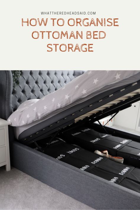 Under Bed Storage Organization, Ottoman Bed Storage, Lift Up Bed Storage Ideas, Ottoman Bed Storage Organization, Ottoman Bed Storage Ideas, Ottoman Storage Ideas, Ottoman Bedroom Ideas, Under The Bed Storage Ideas, Bedding Storage Ideas