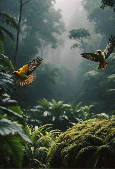 A pair of vibrant yellow birds in flight are captured against a backdrop of a dense Bird Watching Aesthetic, Forest Birds, Connecting With Nature, Lilac Breasted Roller, Yellow Birds, The Amazon Rainforest, Migratory Birds, Bird Watchers, Interesting Animals