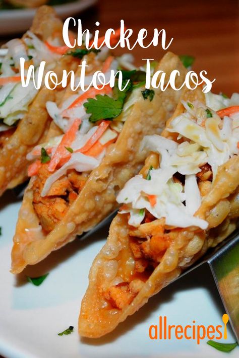 Chinese Wontons, Chicken Wonton Tacos, Applebees Recipes, Tacos Chicken, Wonton Tacos, Chicken Wontons, Wonton Recipes, Homemade Coleslaw, Chicken Taco