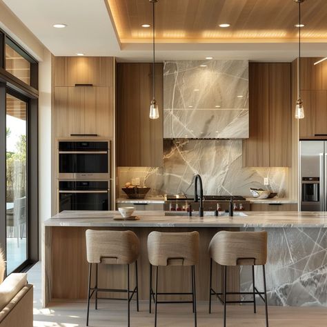 Modern And Traditional Kitchen, Wooden Kitchen Ceiling Ideas, Mountain Luxury Decor, Wood Kitchen Aesthetic, Quiet Luxury Kitchen, Beige Modern Kitchen, Earth Tone Kitchen, Hobo Kitchen, French Mural