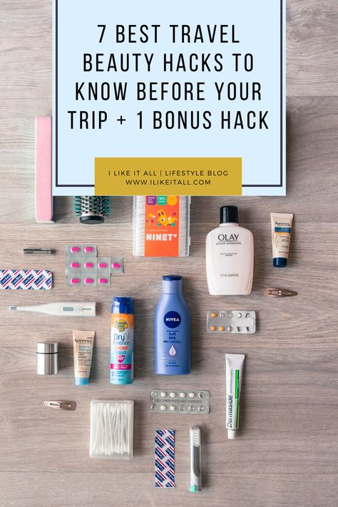 Best Travel Makeup Products, Best Travel Size Products, Camping Beauty Hacks, Travel Size Hair Products, Makeup Travel Hacks, Travel Toiletries Hacks, Vacation Prep Beauty, Travel Hair Products, Beauty Travel Essentials