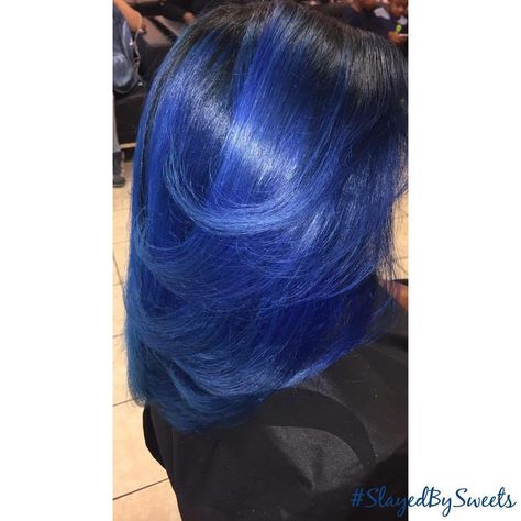 Blue Silk Press Natural Hair, Black Women Silk Press, Hair Blue Highlights, Colored Hair Black Women, Blue Colored Hair, Burgundy Natural Hair, Skunk Strip, Blue Black Hair Color, Silk Press Hair