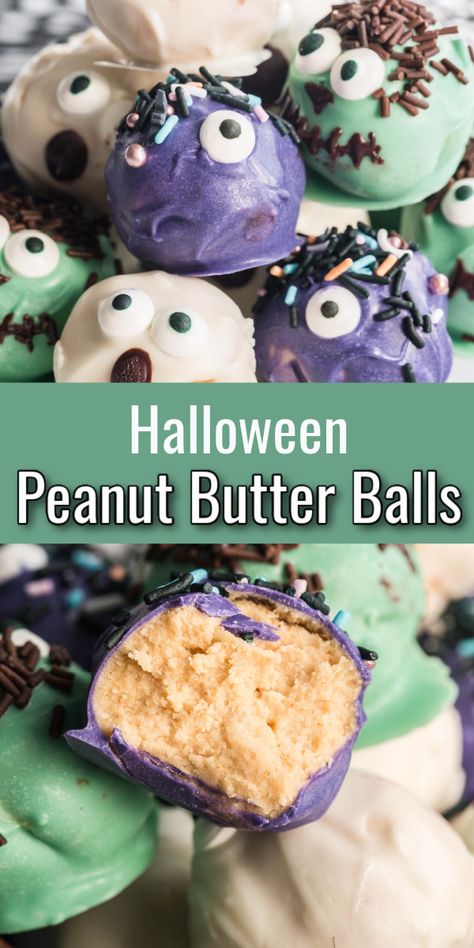 Classic peanut butter balls all dressed up for halloween. These cute bite sized peanut butter truffle are super easy to make and decorate for the spooky holiday. Made with simple ingredients, these are fun for the kids to decorate. Peanut butter and chocolate, easy and delicious. #peanutbutterballs #buckeyes #truffles #easy #homemade #dessert #sweets #candy #ad Halloween Buckeyes, Halloween Deserts Recipes, Peanut Butter Bon Bons, Halloween Truffles, Peanut Butter Chocolate Balls, Peanut Butter Ball, Easy Truffles, Peanut Butter Truffles, Candy Eyes