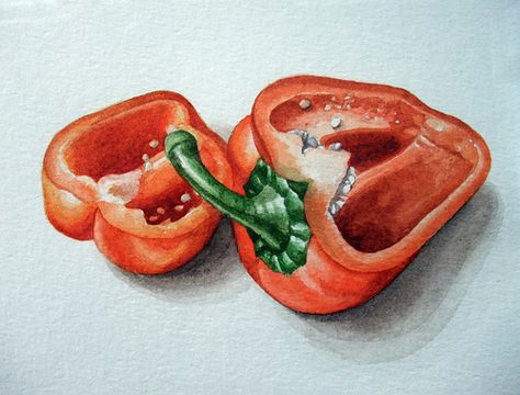 orange pepper Anniversary Watercolor, Tavern Decor, Kitchen Wall Art Set, Room Flowers, Vegetable Painting, Still Life Pictures, Kitchen Decor Wall Art, Watercolor Fruit, Fruit Painting