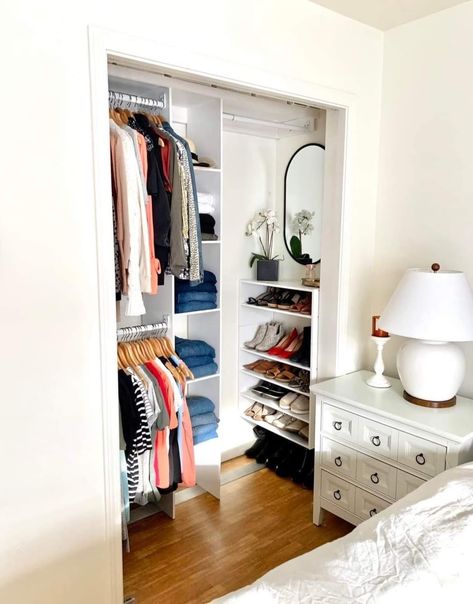 Closet Designs For Two People, Accordion Closet Makeover, 6ft Closet Organization, Bedroom With Office Inspirations, Recessed Closet Ideas, Closet Diy Ideas How To Build, Repurpose Bedroom Closet, Coat Closet Makeover Storage, Make Closet Bigger