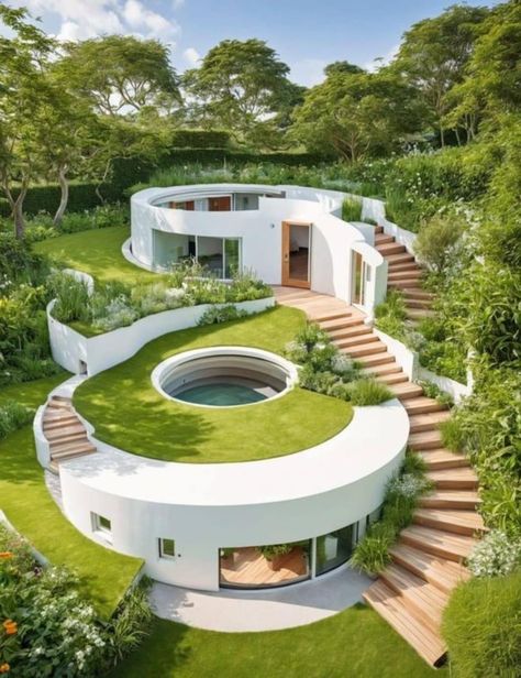 Circular House, Round House Plans, Earth Sheltered Homes, Hillside House, Mansion Designs, Storefront Design, Bedroom Oasis, Building House Plans Designs, House Arch Design