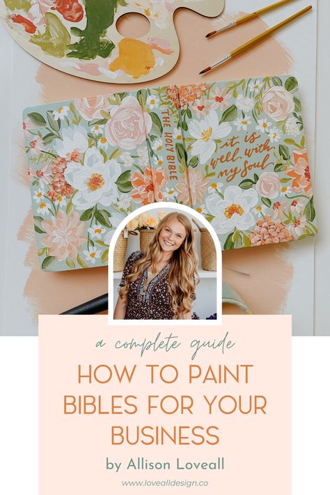 Get started selling hand-painted Bibles for your business! Pro Course Includes: - What Kind Of Bibles To Paint On - Links for dozens of websites to purchase them from - Links for all the versions I have used over the years & more I recommend - List of supplies needed - Links for all supplies to find in stores or online - How to prime + prep base coat - Tips for painting your design - How to find inspiration on your own as an artist - How to seal your Bible - Where I source blank journals How To Paint Bible Cover Diy, Painted Bibles Diy, How To Paint A Bible Cover, How To Paint A Bible, Painted Book Covers Diy, Painting Bible, Book Cover Painting Ideas, Painting Bibles, How To Paint Book Of Mormon Cover