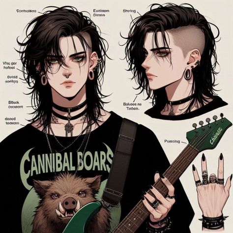 Enby Oc Art, Emo Boy Character Design, Emo Male Oc, Punk Hair Drawing, Bad Boy Haircut, Rockstar Character Design, Androgynous Character Design, Emo Character Design, Long Hair Male Character Design