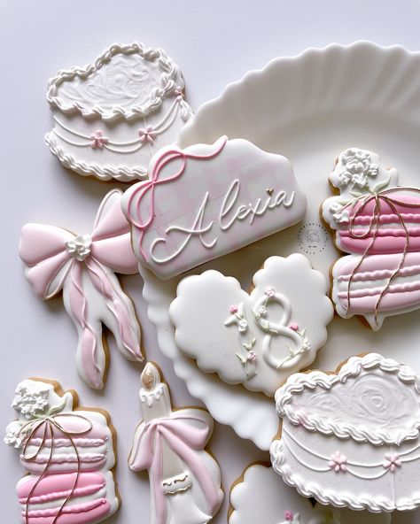 I love how many of these types of sets I get to work on! Honestly my happy place 💕 . . . . . #cookies #sugarcookies #cookieart #cookieartist #cottagecore #pinkaesthetic #floralcookies #birthdaycookies #bakersofinstagram #sugarcookiedecorating #decoratedcookies #cakecookies #bowcookies Coquette Sugar Cookies, Ribbon Cookies Decorated, Love Shack Fancy Cookies, Bow Cookies Decorated, Happy Birthday Cookies Decorated, Birthday Cookie Ideas, Coquette Cookies, Happy Birthday Sugar Cookies, Pink Christmas Cookies