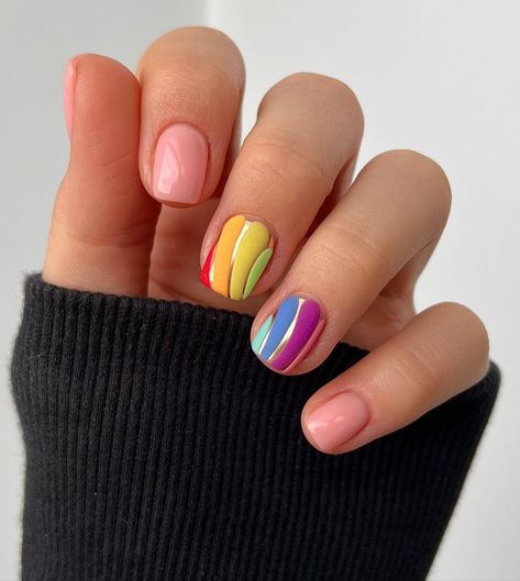 Lgbtq Nail Designs, Pride Month Nails 2024, Bright Gel Nails, Short Nails Summer, Short Nail Manicure, Rainbow Nail Art, Summer Nails Beach, Ten Nails, Natural Nail Art