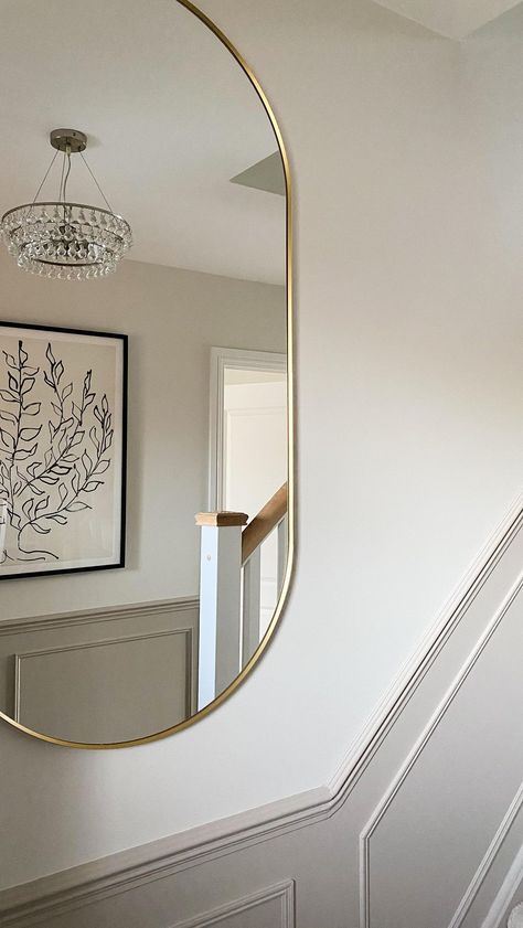 Sarah Heard ✨ | My most asked questions answered: 1. The panelling is Elephant’s Breath by Farrow and Ball in Matt emulsion 2. We used Cheshire… | Instagram Elephant Breath Farrow And Ball, Farrow And Ball Panelling, Strong White Farrow And Ball, Panelled Staircase, Cheshire Mouldings, Farrow And Ball Hallway, Skirting And Architrave, Hallway Panelling, Panelled Walls