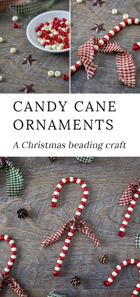 Just in time for the holidays, learn how to make Beaded Candy Cane Ornaments. Created with pipe cleaners and beads, give these fun ornaments a primitive twist, making them gift-ready and perfect for your Christmas tree. #christmas #ornaments #candycane Beaded Candy Cane Ornaments, Xmas Traditions, Camp Christmas, Nativity Tree, Candy Cane Ornaments, Diy Beaded Ornaments, Beads Candy, Diy Christmas Tree Ornaments, Candy Cane Ornament