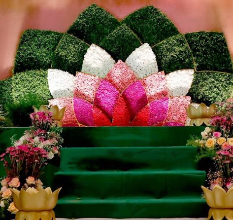 Lotus Stage Decoration, Ganpati Decoration Lotus Theme, Lotus Wedding Decoration, Lotus Ganpati Decoration Ideas, Lotus Decoration Ganpati, Lotus Flower Wedding Decor, Lotus Theme Wedding Decor, Lotus Flower Decor, Lotus Theme Decoration