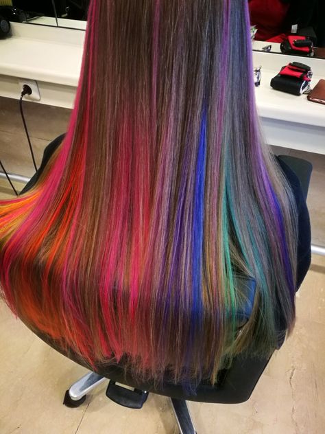 Rainbow Balayage by LisaFurthmeier Straight Rainbow Hair, Rainbow Balayage Hair, Rainbow Balayage, Balayage Straight Hair, Straight Blonde Hair, Hair Colours, Red Head, Tape In Hair Extensions, Rainbow Hair