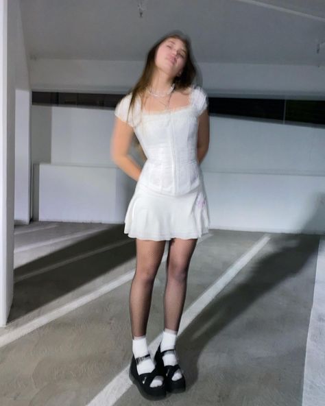 Em🧸🎐 on Instagram: “wishing everyone a happy new year🤍🕯” White Dress With Tights, Dress Stockings Outfit, Dress With Fishnet Tights, Dress Mary Janes, Platform Mary Janes Outfit, How To Style Mary Janes, Dress With Stockings Outfit, Dress With Fishnets, Mary Jane Shoes Outfit