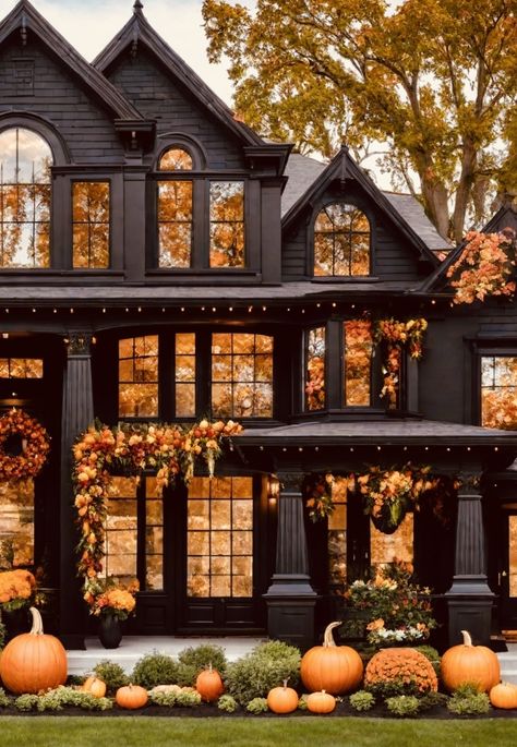 House Exterior Halloween, Black Gothic House, Halloween House Exterior, Black House Aesthetic, All Black House Exterior, Fall House Exterior, Black Brick House Exterior, Black Modern Home, Palia Ideas