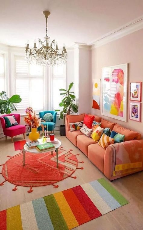 Colorful Living Room Interior, Coral Sofa, Colorful Sofa, Colorful Living Room, Soft Autumn Color Palette, Autumn Color Palette, Vibrant Living Room, Orange Home Decor, Living Room Setup