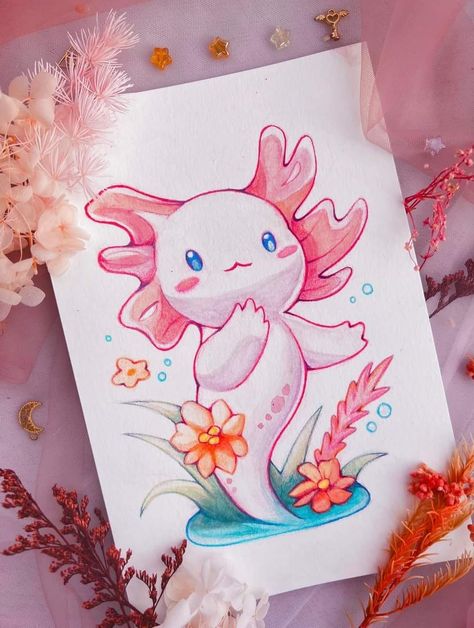 Cute Kawaii Animals Drawing, Cute Aesthetic Drawings, Drawings For School, Fill My Sketchbook, Axolotl Birthday Party, Small Drawings, Cute Paintings, Easy Doodle Art, Anime Eye Drawing