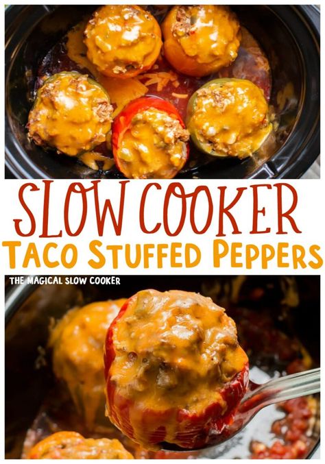 Slow Cooker Taco Meat, Meatloaf Stuffed Peppers, Mrc Recipes, Hamburger Casseroles, Meatloaf Stuffed, Stuffed Veggies, Stuffed Pepper Recipe, Crockpot Mexican, Slow Cooker Taco