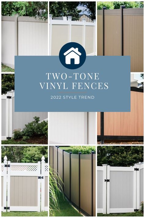 a selection of premium two tone vinyl backyard fences Grey Fences, Vinyl Fences, Garden Gates And Fencing, Backyard Privacy, 2022 Style, Privacy Fences, Vinyl Fence, Privacy Fence, Home Style