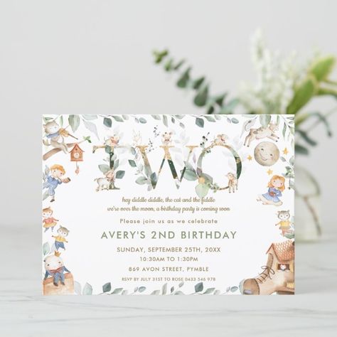 Whimsical Nursery Rhyme Greenery 2nd Birthday Invitation | Zazzle.com Nursery Rhyme Theme, Lollipop Party, Hey Diddle Diddle, Whimsical Nursery, 2nd Birthday Party, 2nd Birthday Invitations, Theme Birthday Party, Nursery Rhyme, Boy Birthday Parties