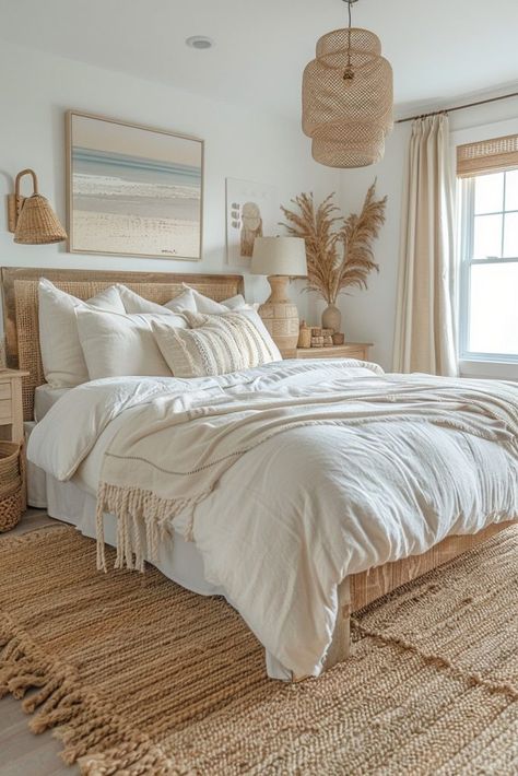 29 Beachy Boho Bedroom Ideas for a Serene Coastal Escape 2 Charleston Apartment, Bedroom Coastal, Minimalist Bedroom Decor, Boho Style Bedroom, Coastal Modern, Coastal Bedroom, Elegant Aesthetic, Boho Bedroom Decor, Bedroom Refresh