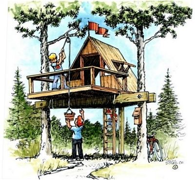 Downloadable Treehouse & Playhouse Plans - Plans For Treehouses And Playhouses. Tree House Illustration, Kids Gardening Projects, Treehouse Plans, Como Plantar Pitaya, Tree House Ideas, Treehouse Ideas, Building A Treehouse, Playhouse Plans, Tree House Plans