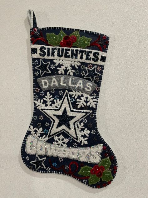 Dallas Cowboys Stocking all the sequins are had beaded. 2 week worth of work. Dallas Cowboys Christmas, Cowboy Christmas, Dallas Cowboys, Christmas Stocking, Christmas Stockings, Dallas, Stockings, Christmas, Quick Saves