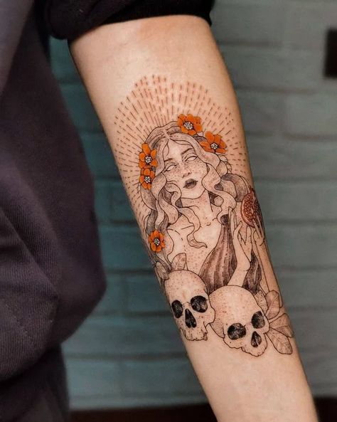 Persephone Skull Tattoo, Persephone Tattoo Thigh, Pomegranate Persephone Tattoo, Persephone Tattoo Minimalist, Perspherone Goddess Tattoo, Ariadne Tattoo, Floral Crown Tattoo, Persephone Tattoo Symbols, Persephone And Cerberus