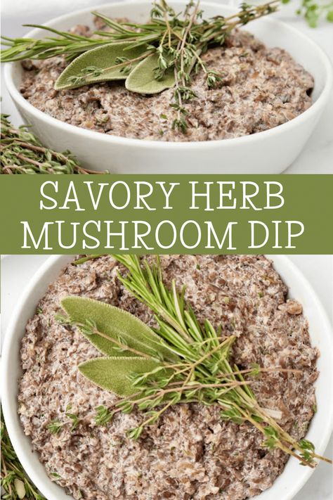 Savory Herb Mushroom Dip ~ Earthy and rustic dip with sautéed mushrooms and a blend of fresh aromatic herbs. Serve warm or chilled.  via @thiswifecooks Mushroom Salsa, Bbq Sauce Marinade, Recipes For Gatherings, Mushroom Dip, Breakfast Dessert Recipes, Meatless Dinners, Sautéed Mushrooms, Christmas Cocktail Party, Dry Rubs