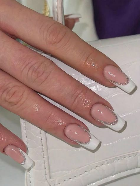 White French Prom Nails, Elegant Prom Nails French Tips, French Tips With Silver Line, White And Silver French Tip Nails, Nail Inspo Square Medium, White Nails French, Dance Nails, Classy Nail Art Ideas, White Tip Nails