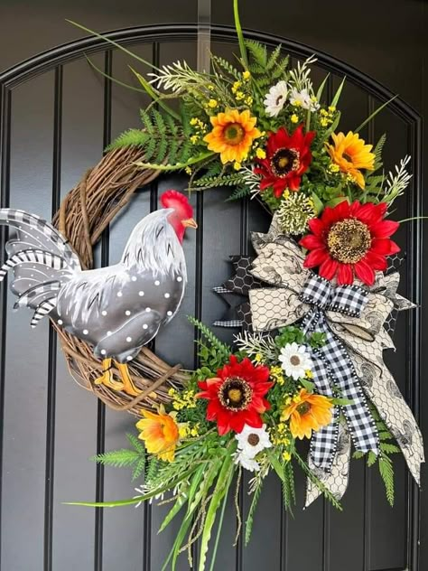 Spring Wreaths For Front Door Diy, Floral Door Wreaths, Fall Decor Wreaths, Farmhouse Wreaths, Diy Christmas Wreaths Ideas, Christmas Wreaths Ideas, Easy Diy Wreaths, Chicken Crafts, Diy Spring Wreath