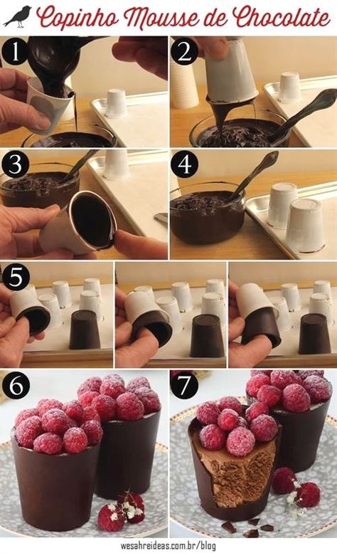 Chocolate Mousse Cups, Chocolate Bowls, Bite Size Desserts, Fancy Desserts, Chocolate Cups, Best Dessert Recipes, Food Cakes, Chocolate Mousse, Mini Desserts