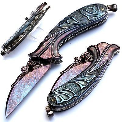 fairy wing knives.. i can think of a few fantasy nerds that would dig this Mosaic Damascus, Rainbow Knife, Knife Aesthetic, 동화 삽화, Pretty Knives, Damascus Blade, Knife Collection, Cool Knives, Folding Knife