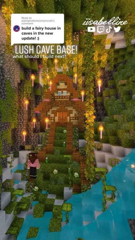 Cute Lush Cave House Minecraft, Lush Cave House Ideas Minecraft, Minecraft Houses Lush Caves, Minecraft Underground Village Ideas, Aesthetic Minecraft Cave House, In Cave House Minecraft, Lush Cave House Minecraft Aesthetic, Lush Cave Builds Minecraft, Lush Caves House Minecraft