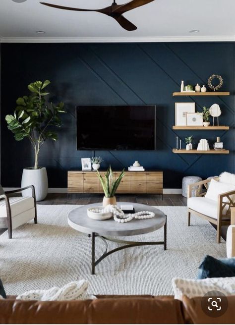 Navy Walls Living Room, Blue Accent Wall Living Room, Living Room Design Blue, Blue Walls Living Room, Navy Living, Navy Living Rooms, Navy Blue Living Room, Feature Wall Living Room, Blue Accent Walls