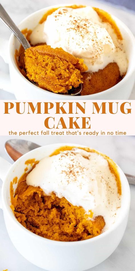 Pumpkin Mug Cake Recipe, Pumpkin Mug Cake, Mug Dessert Recipes, Microwave Mug Recipes, Thm Sweets, Dessert Breads, Mug Cake Recipe, Mug Cake Microwave, Pumpkin Recipes Easy