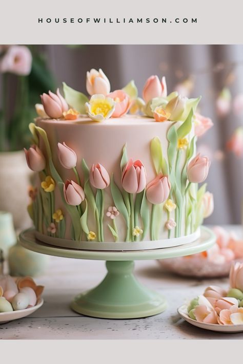 Looking for a beautiful idea for your next cake? Check out this Easter-themed masterpiece! It's full of pretty pastel colors and has edible tulips made from sugar and fondant. Perfect for making your Easter brunch extra pretty! Easter Cake Decorating, Tulip Cake, Flower Cake Design, Torte Creative, Patisserie Fine, Spring Cake, Creative Birthday Cakes, Cake Decorating Designs, Pretty Birthday Cakes