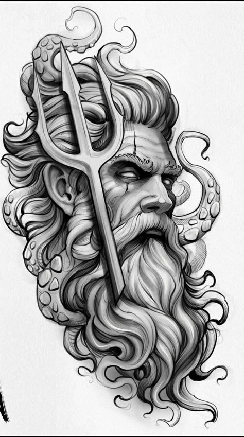 Trident Tattoo, Greek God Tattoo, Poseidon Tattoo, Zeus Tattoo, Octopus Tattoo Design, Aztec Tattoo Designs, Greek Mythology Tattoos, God Tattoos, Aztec Tattoo