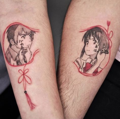 Tasteful Anime Tattoo, Anime Love Tattoo, Couple Anime Tattoo, Anime Sibling Tattoos, Anime Couple Tattoo Ideas, Your Name Tattoo Anime, Matching Anime Couple Tattoos, Your Name Anime Tattoo, Couple Tattoos Anime