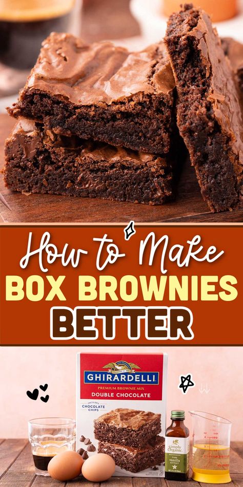 Learn How To Make Box Brownies Better with simple swaps such as egg yolks and brewed coffee and baking them at a lower heat! These effortless tricks will have you falling in love with box mix brownies all over again! Best Box Brownies, Box Brownie Recipes, Brownie Box Mix Recipes Ideas, Box Brownie Mix Ideas, Box Brownies Better, Brownie Cupcakes From Mix Boxes, How To Make Boxed Brownies Better, Box Brownie Recipes Improve, How To Improve Boxed Brownies