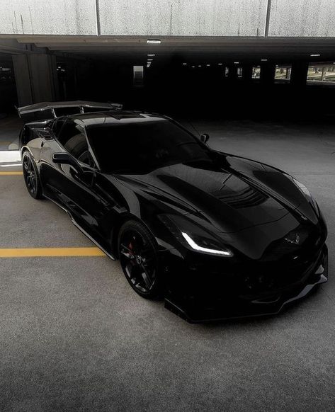 Blacked Out Sports Cars, Matt Black Sports Cars, Black Racing Car, Black Stingray Corvette, Black On Black Cars, Black Fast Cars, All Black Sports Car, Sleek Black Car, Black Expensive Car