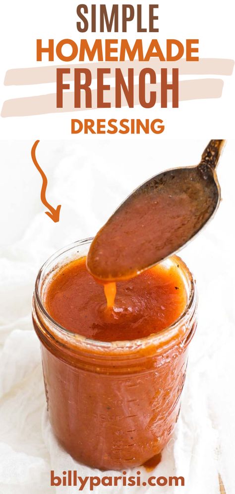 This easy-to-make homemade French dressing recipe comes together in a matter of minutes and is the perfect complement to any salad. Kick up the flavor of any salad with this simple French Dressing. You will love the simple sweet flavors in this vinaigrette. This is a trendy dressing in the United States and is commonly served on a basic house salad. Western Dressing Recipe, Vinegarette Dressing Recipe, Catalina Dressing Recipes, Homemade French Dressing, French Dressing Recipe, Sweet Salad Dressings, Healthy Dressing Recipes, Easy Homemade Salad Dressing, Easy Salad Dressing Recipes