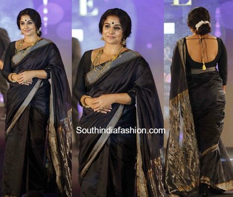 Vidya Balan in a black saree Anushka Setty, Royal Saree, Sonakshi Sinha Saree, Father Of The Bride Outfit, Pink Blouse Designs, Indian Bridesmaid Dresses, Saree Hairstyles, Three Quarter Sleeve Blouses, Traditional Hairstyle