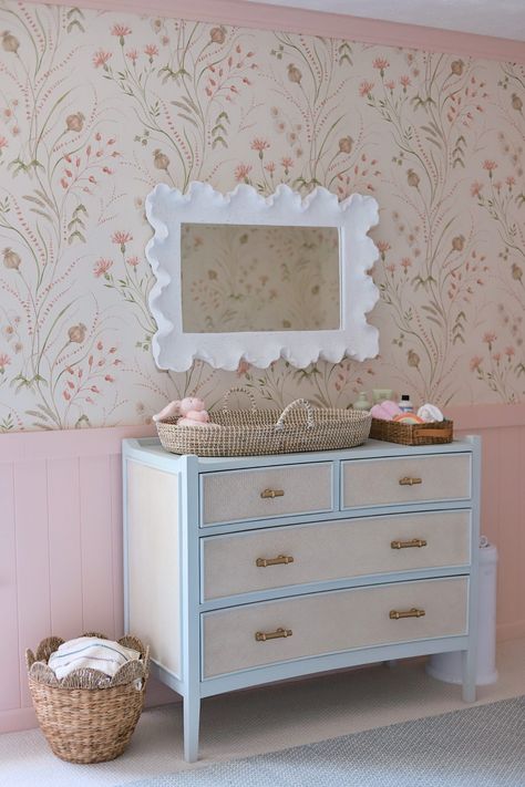 Nursery With Painted Trim, Soft Pink Nursery, Nursery Design Girl, Painted Trim, Girls Bedroom Makeover, Floral Crib Sheet, Solly Baby, Nursery Pink, Sweet Nursery